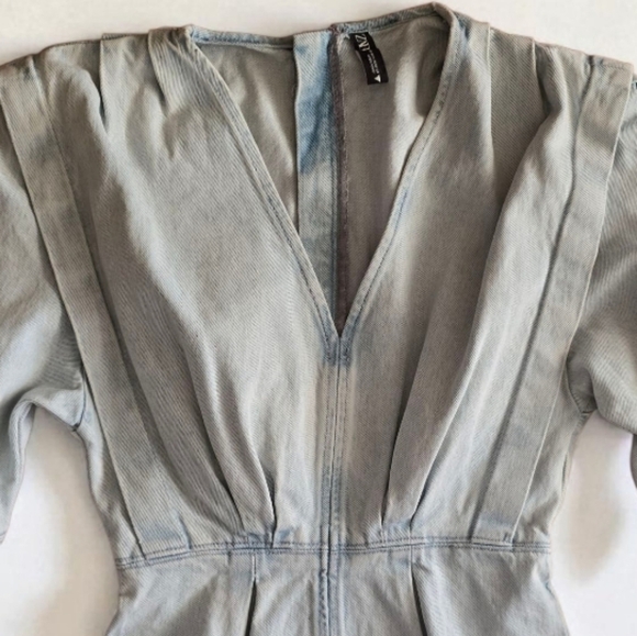 Zara Light Blue Pleated Denim Mini Dress Elbow Length Puff balloon Sleeves - Picture 7 of 16